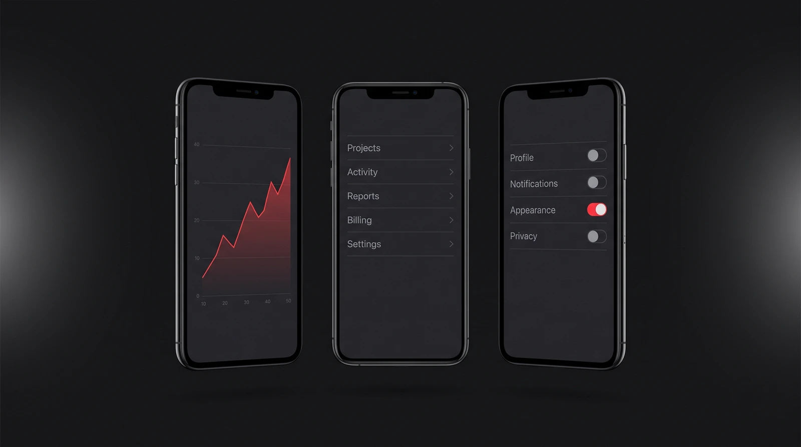 Three smartphones on a near-black ground showing a dark mobile app concept: a red line chart, a one-word-per-row list, and a settings screen with toggles.