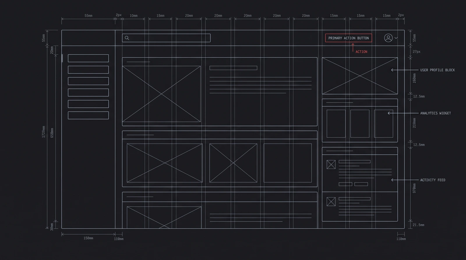 Wireframe of a web application dashboard drawn as an engineering line drawing on near-black, with dimension lines, end ticks, and one red annotation marking the primary action.
