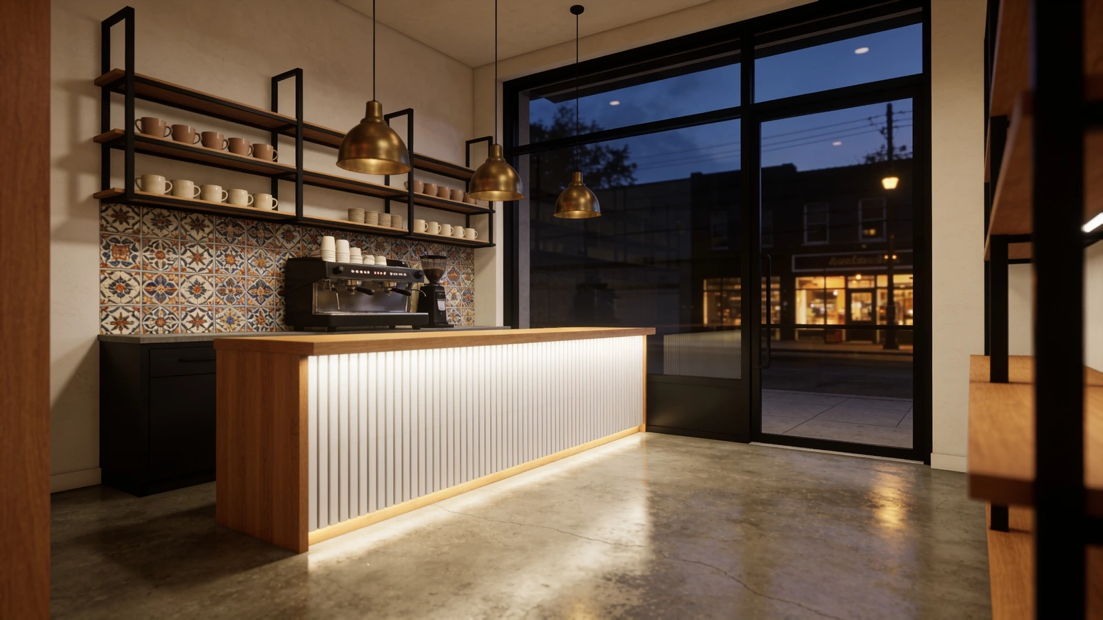 AI rendering of a cafe interior at evening: white oak counter with an underlit slat face, brass pendants, patterned tile, and a storefront window onto a dark street.