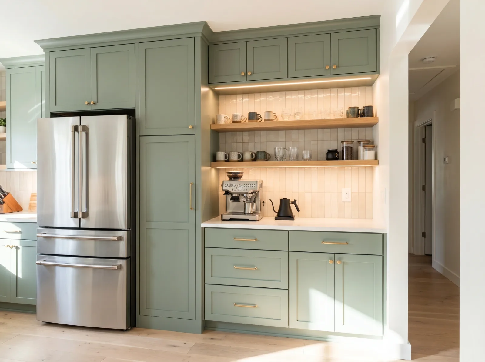 AI rendering of a renovated kitchen with sage green cabinetry, a coffee bar, and lit open shelving.