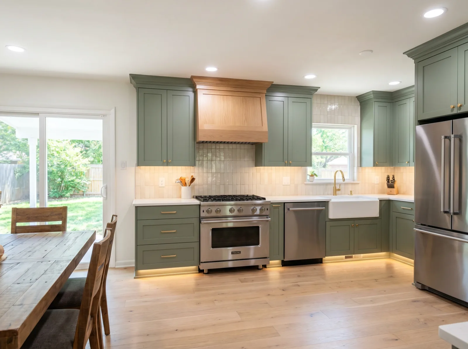 AI rendering of a full kitchen renovation with a range, wood vent hood, and farmhouse sink.