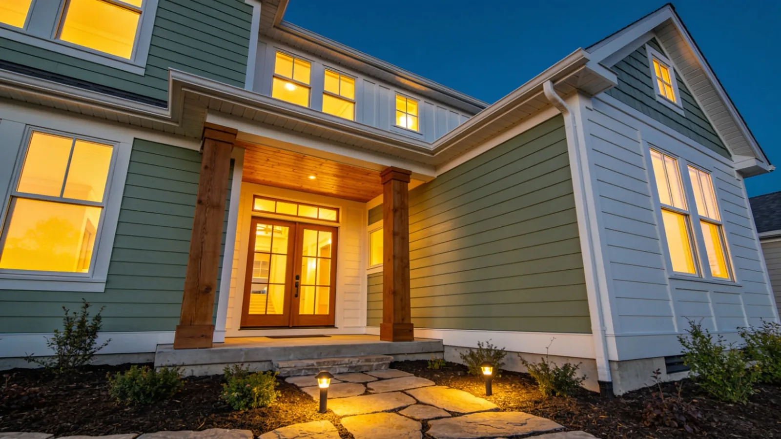 AI rendering of a renovated craftsman house exterior at dusk with warm window light and a landscaped stone path.