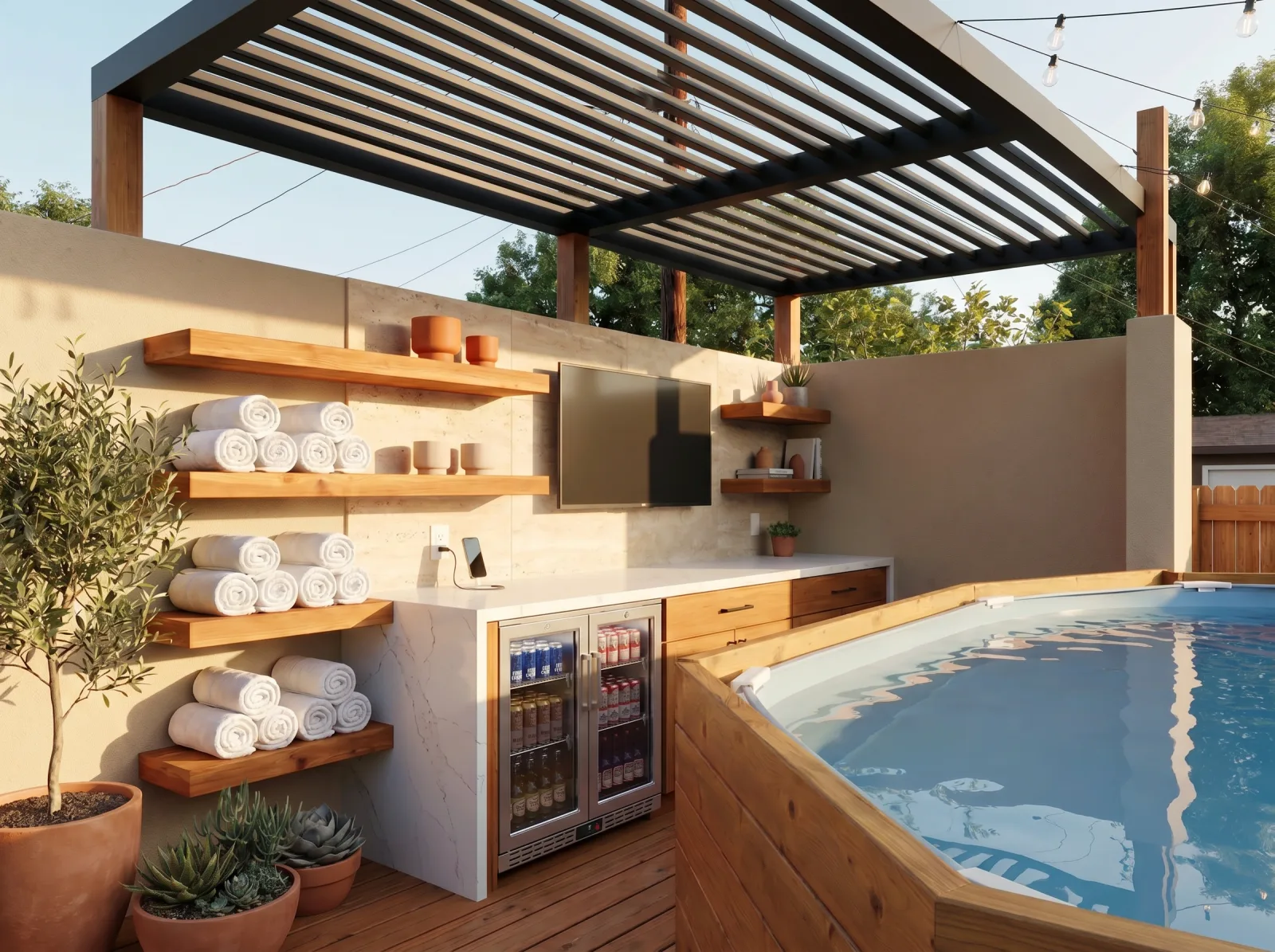 AI rendering of a backyard spa area with a pergola, outdoor kitchen, and towel shelving.