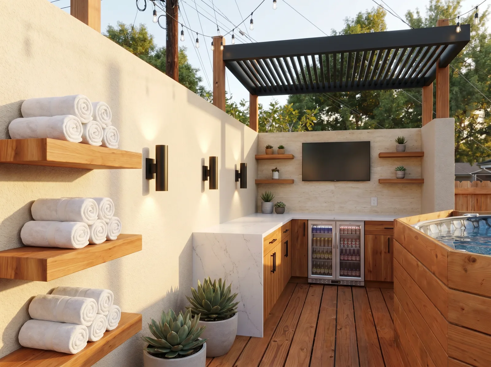 AI rendering of the same backyard from the opposite corner, showing sconces, shelving, and the pool edge.