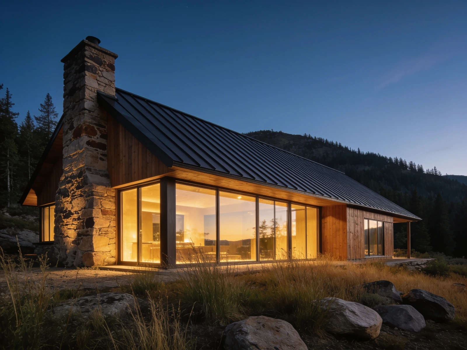 AI rendering of a modern mountain house at dusk: standing-seam roof, cedar siding, stone chimney, and glass walls glowing warm against a forested ridge.