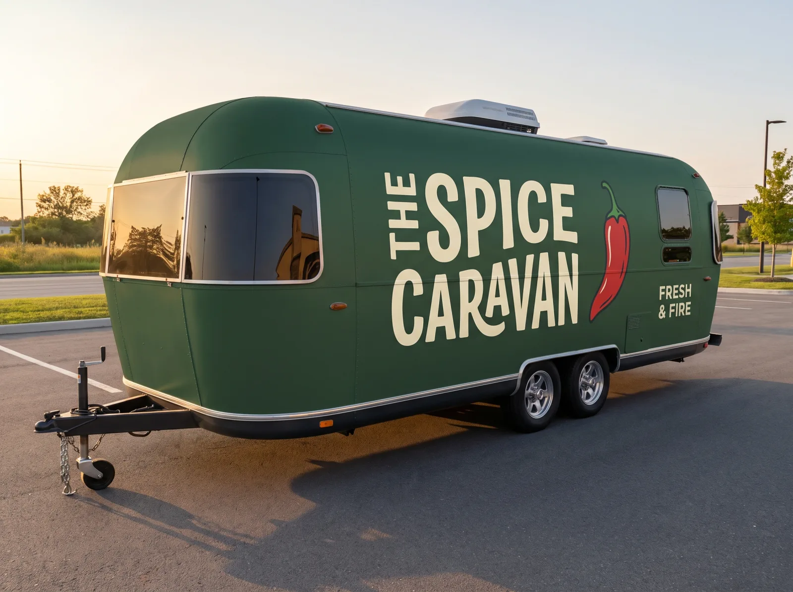 AI rendering of a food trailer wearing a full matte-green vinyl wrap concept with hand-lettered typography and a chili illustration.